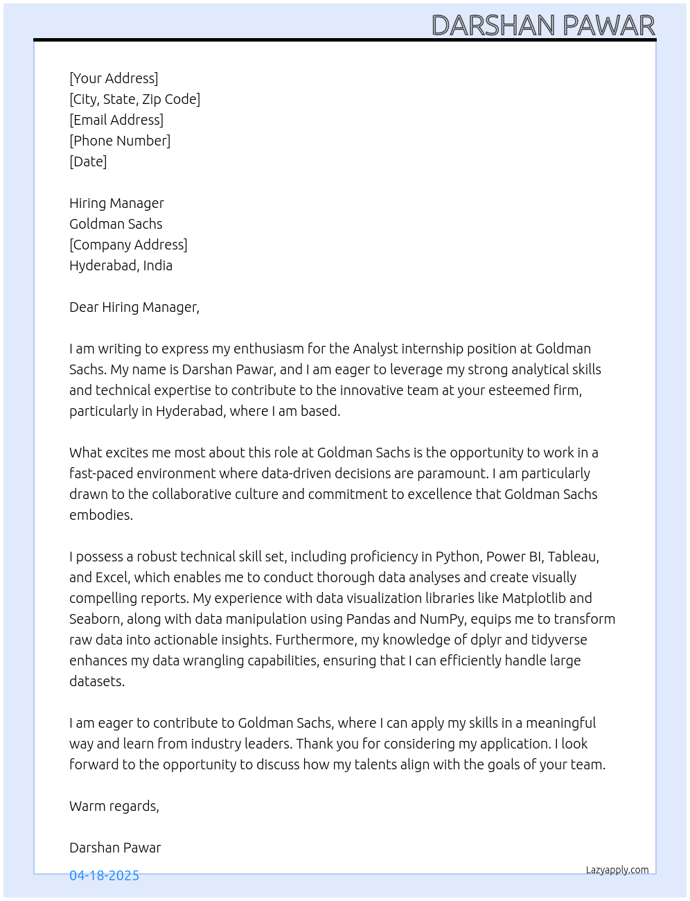 Analyst At goldman sachs Cover Letter