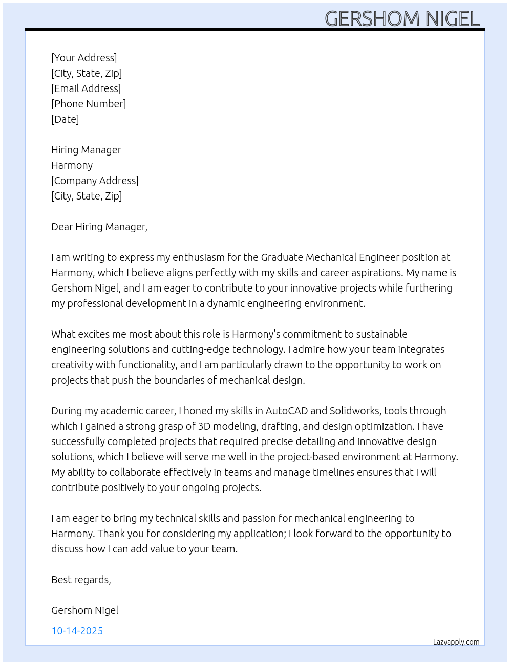Graduate Mechanical Engineer  At Harmony  Cover Letter