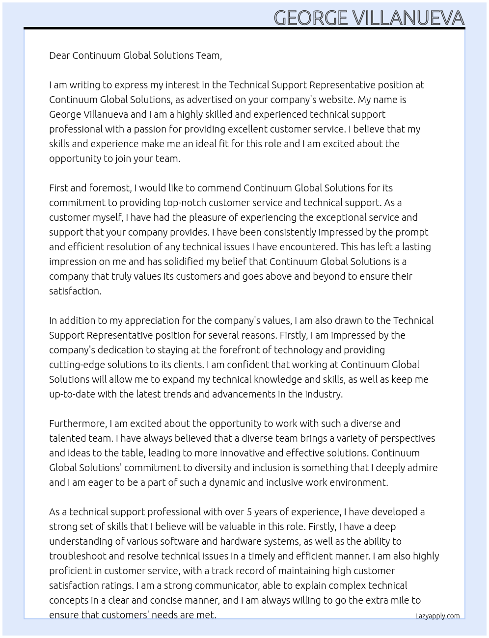 Technical Support Representative At Continuum Global Solutions Cover Letter
