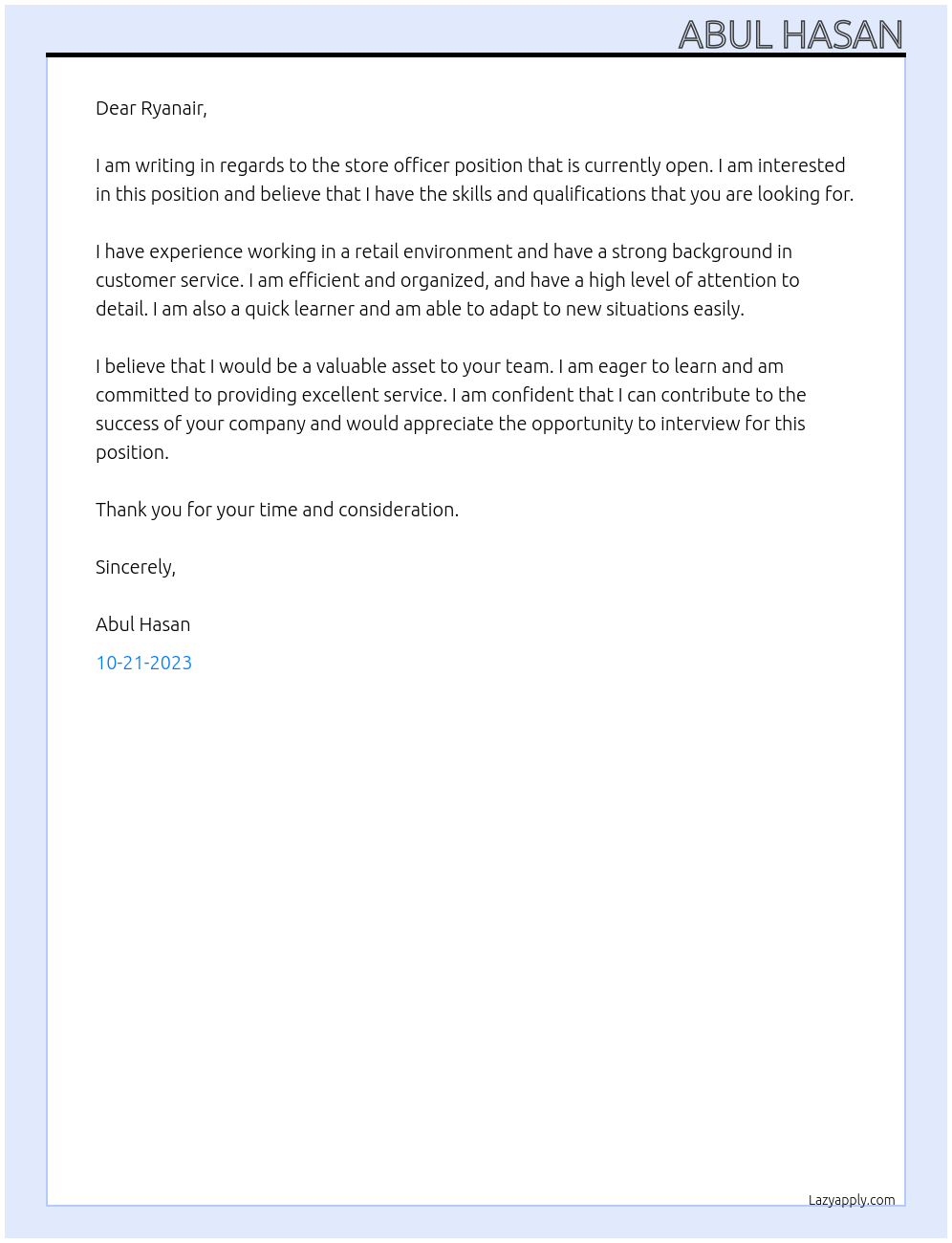 store officer At ryanair Cover Letter