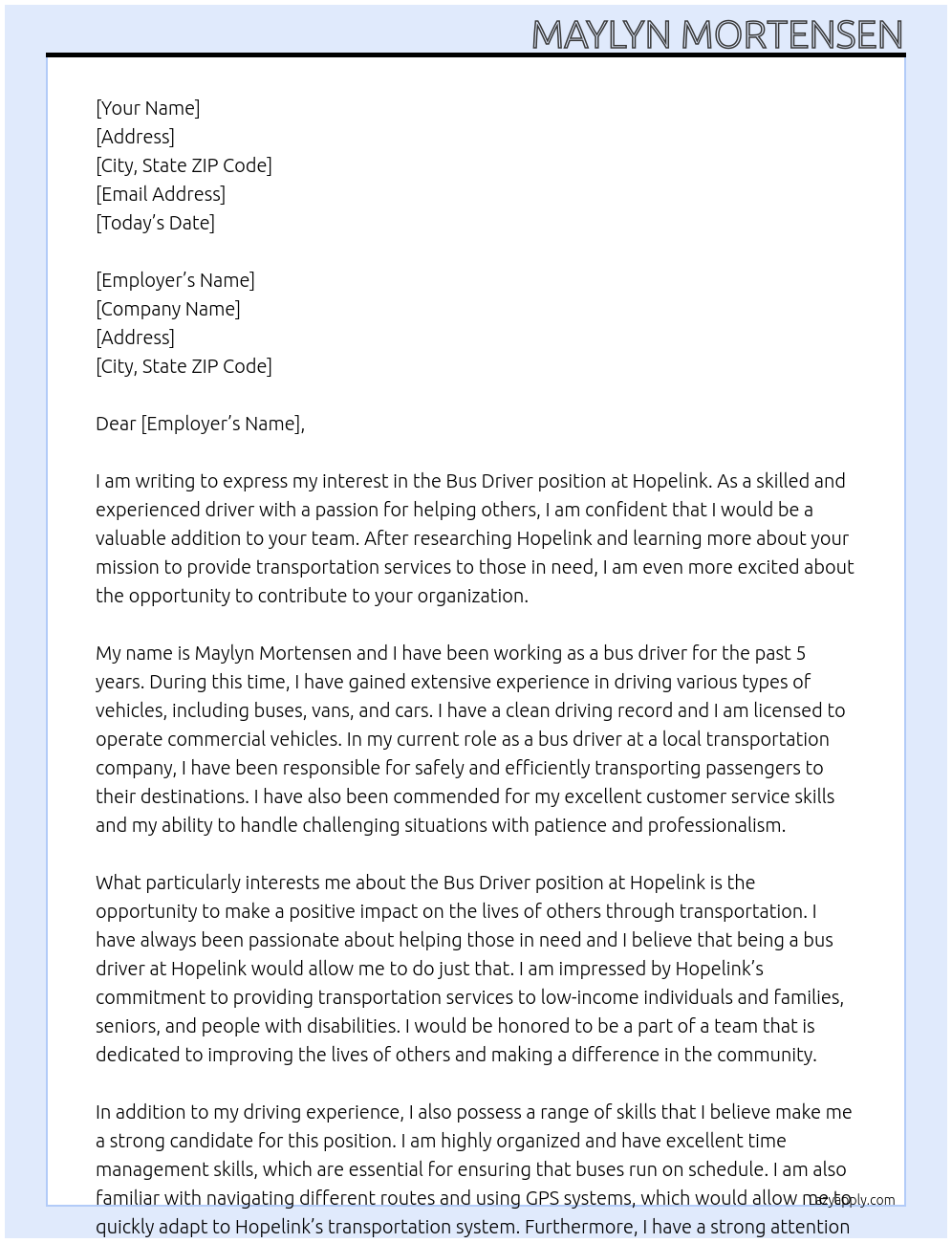 Bus Driver At Hopelink Cover Letter