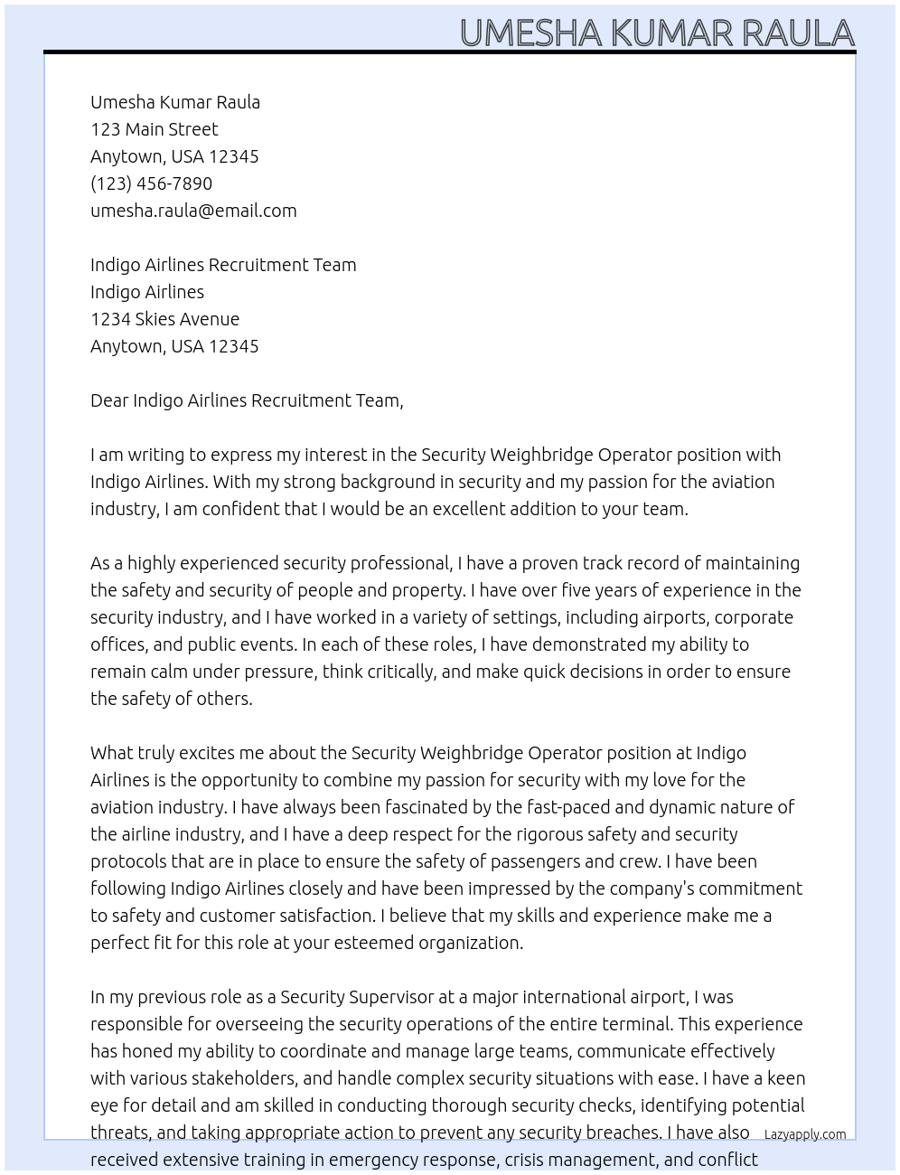 Security Weighbridge Operator At Indigo Cover Letter