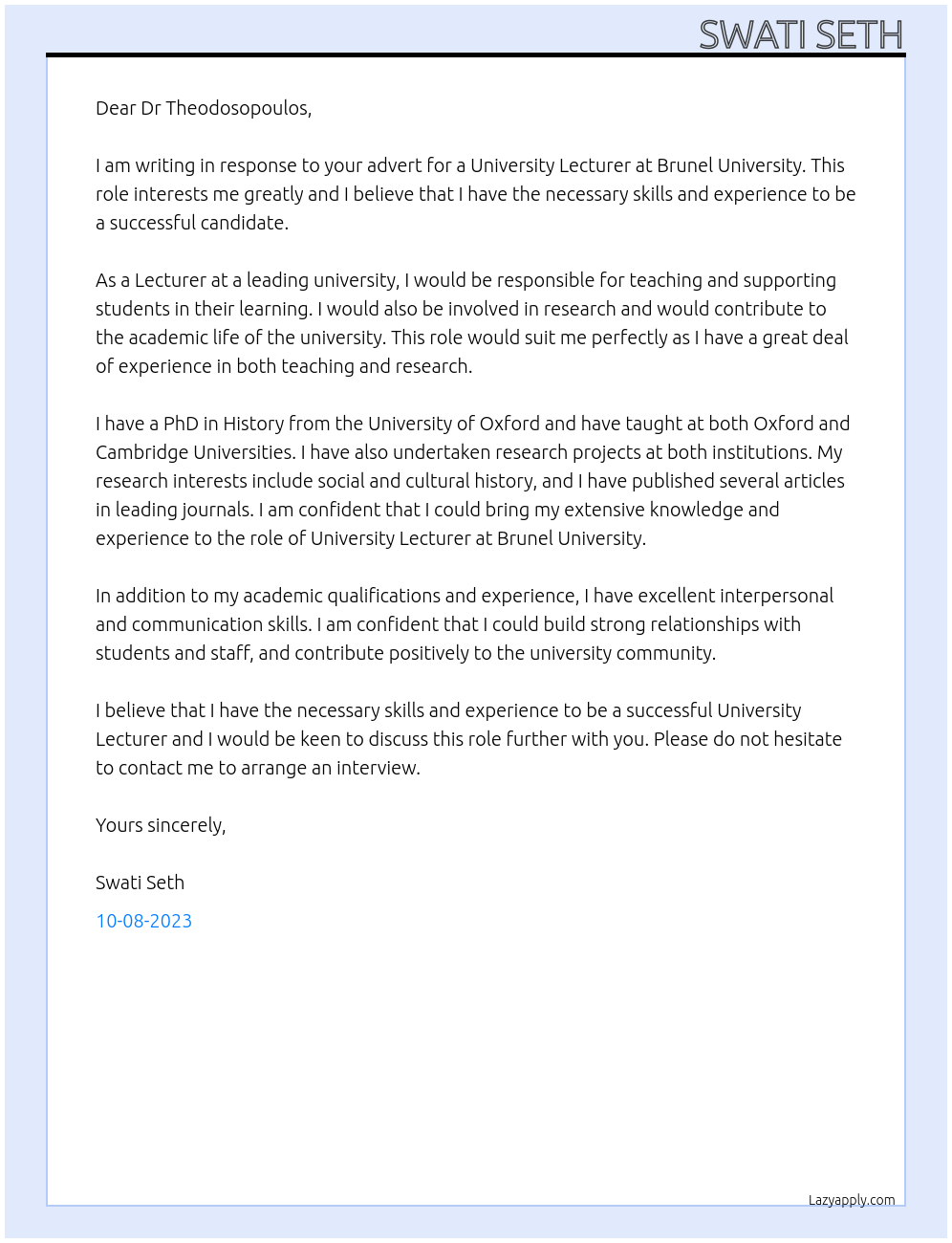 University Lecturer At Brunel University Cover Letter