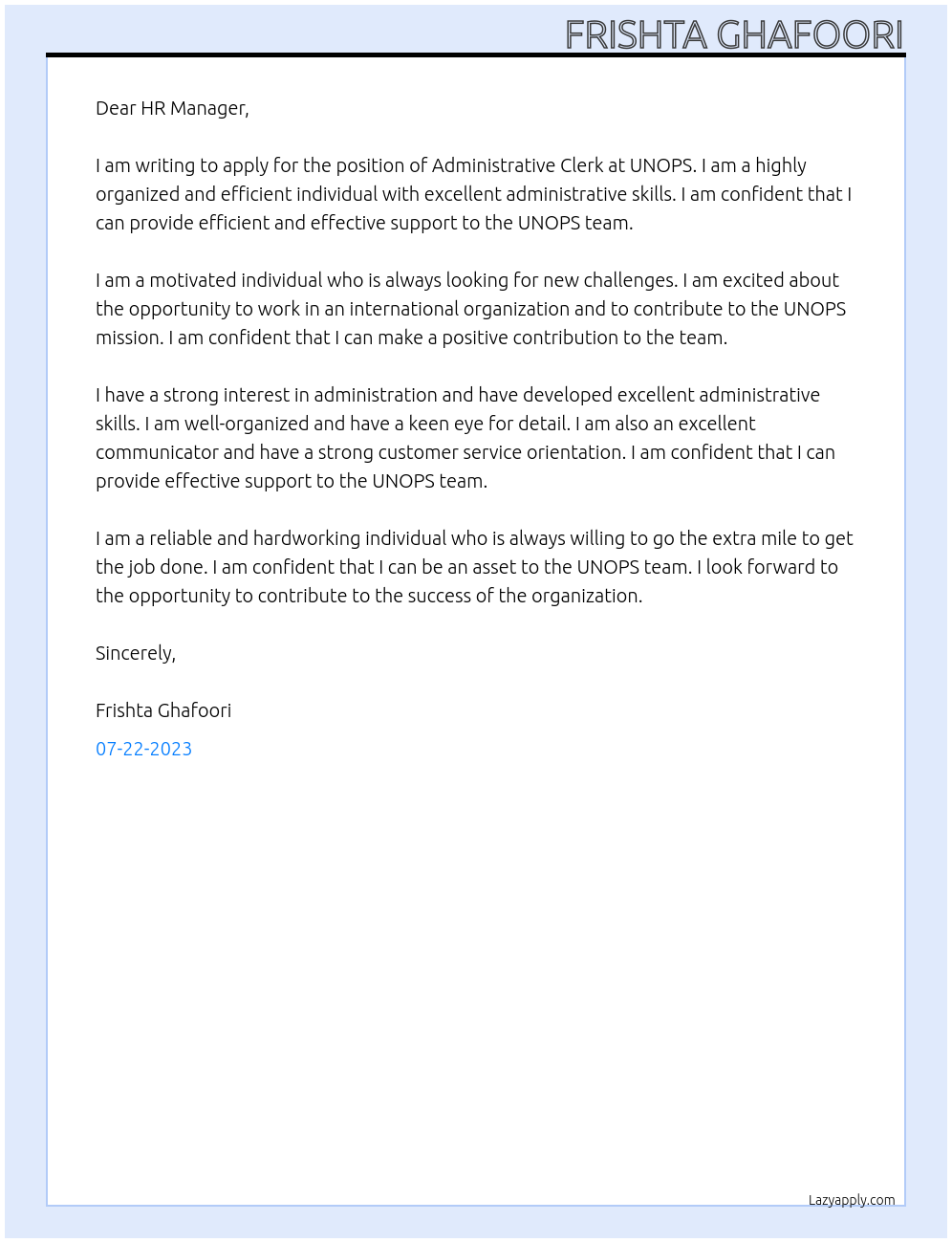 ADMINISTRATIVE CLERK At UNOPS Cover Letter