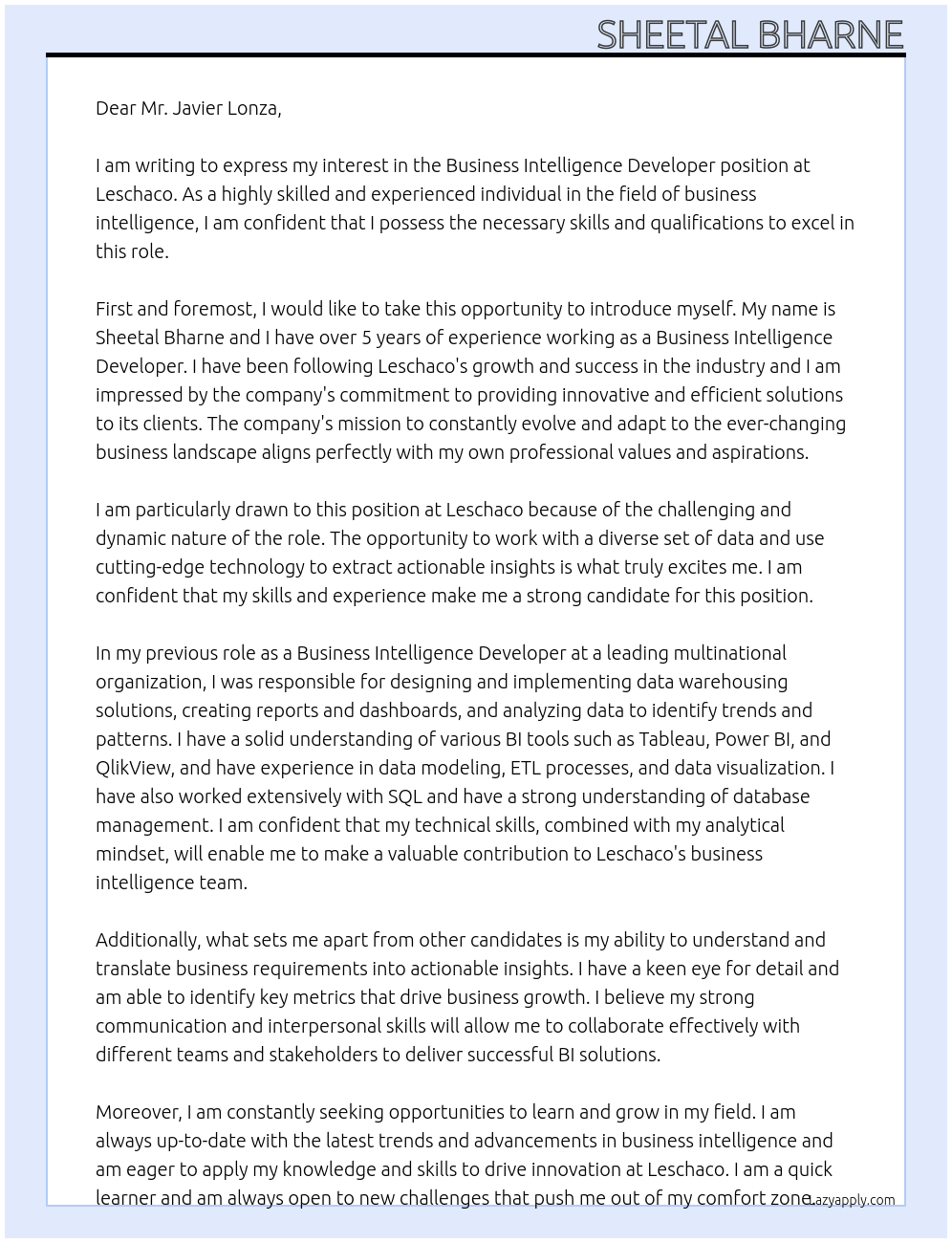 Business Intelligence Developer At leschaco Cover Letter