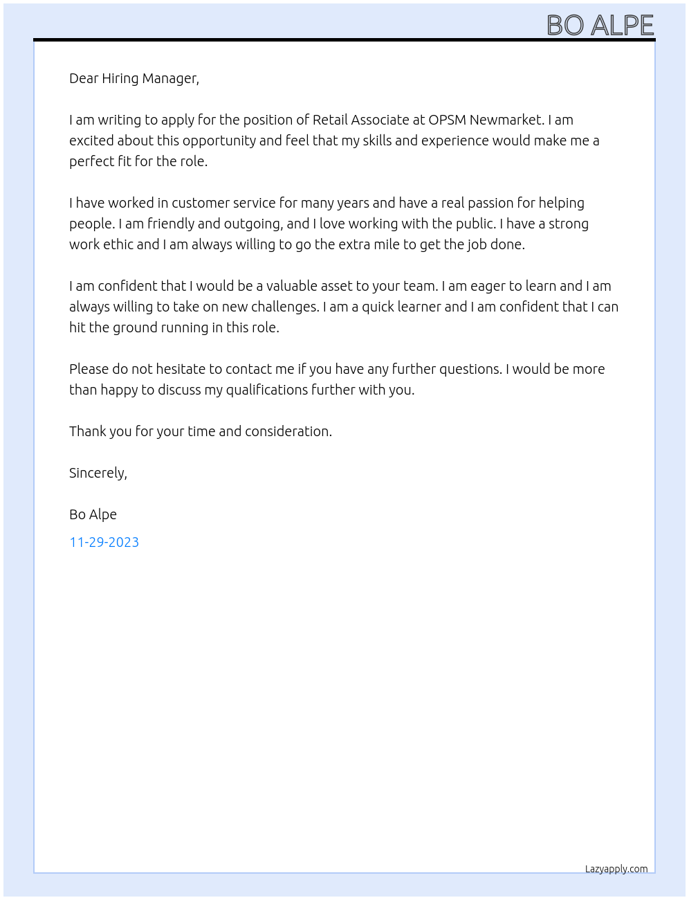 Retail Associates At OPSM Newmarket Cover Letter