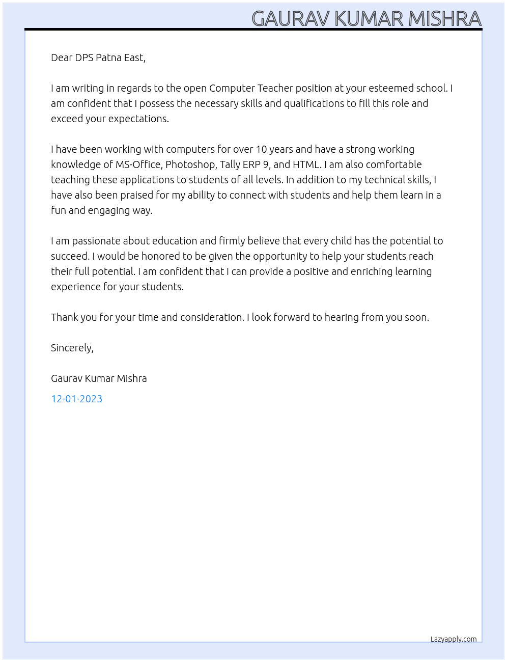 Computer Teacher At DPS Patna East Cover Letter