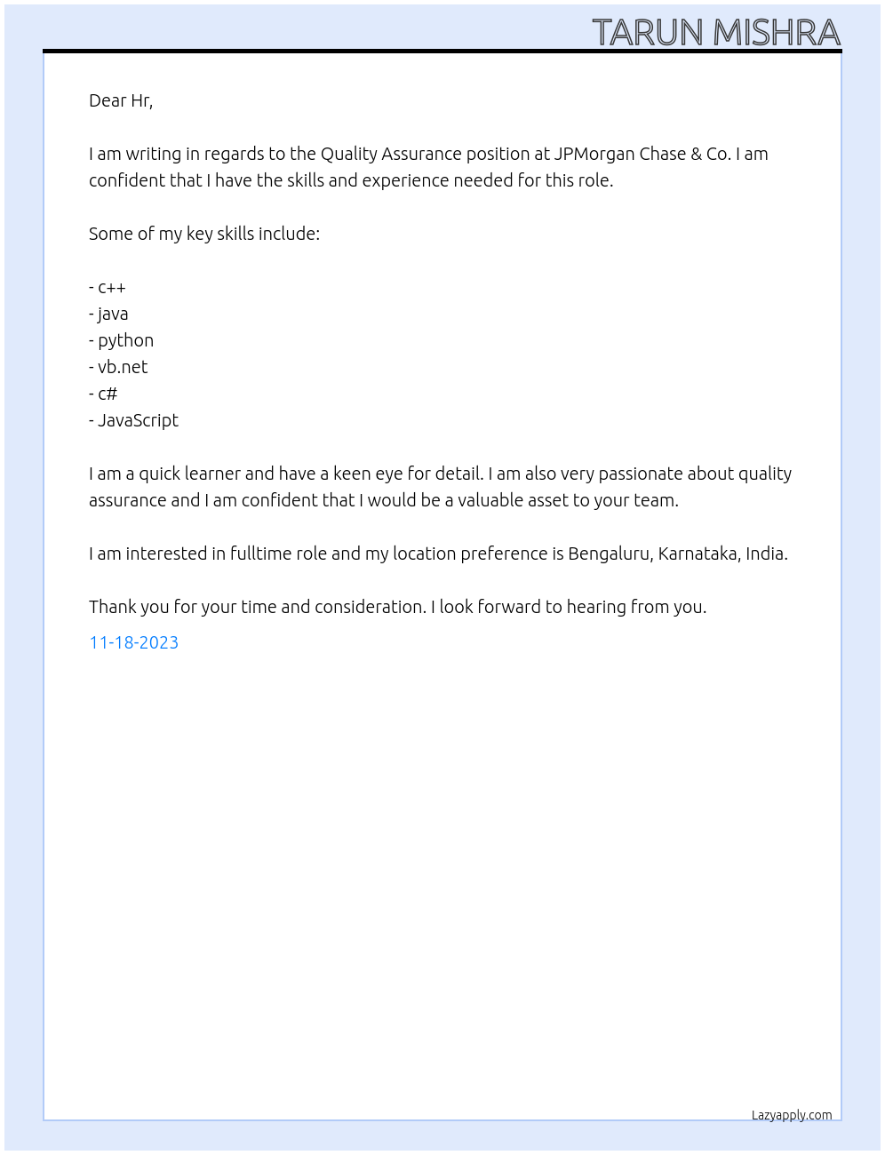Quality Assurance At JPMorgan Chase & Co. Cover Letter