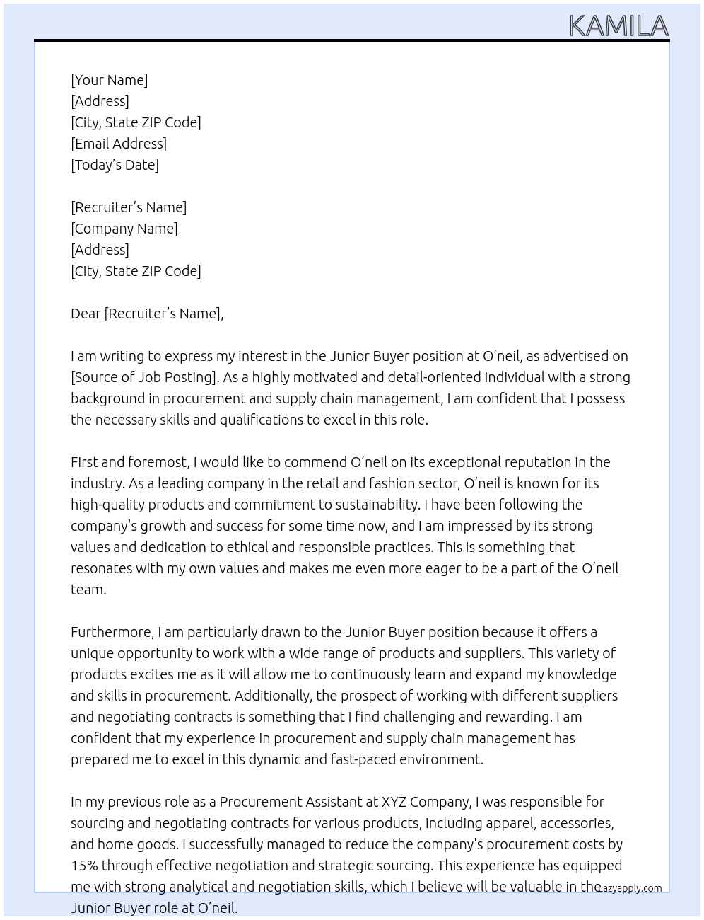 Junior Buyer At O'neil Cover Letter