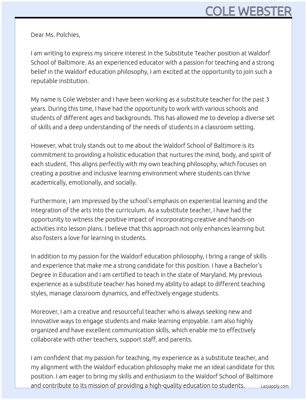 Substitute Teacher At Waldorf School of Baltimore Cover Letter