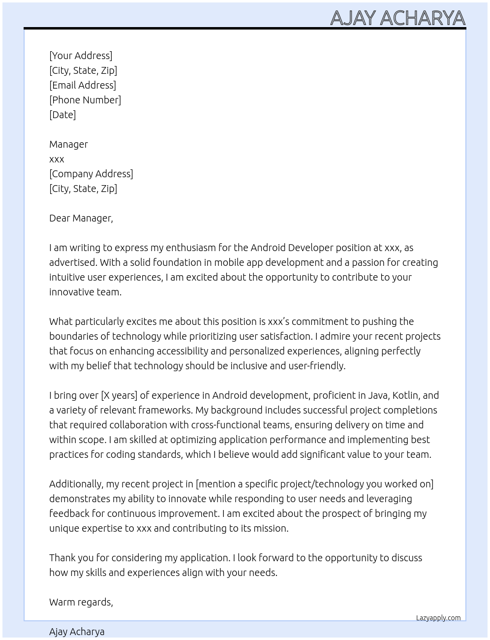 Android Developer At xxx Cover Letter