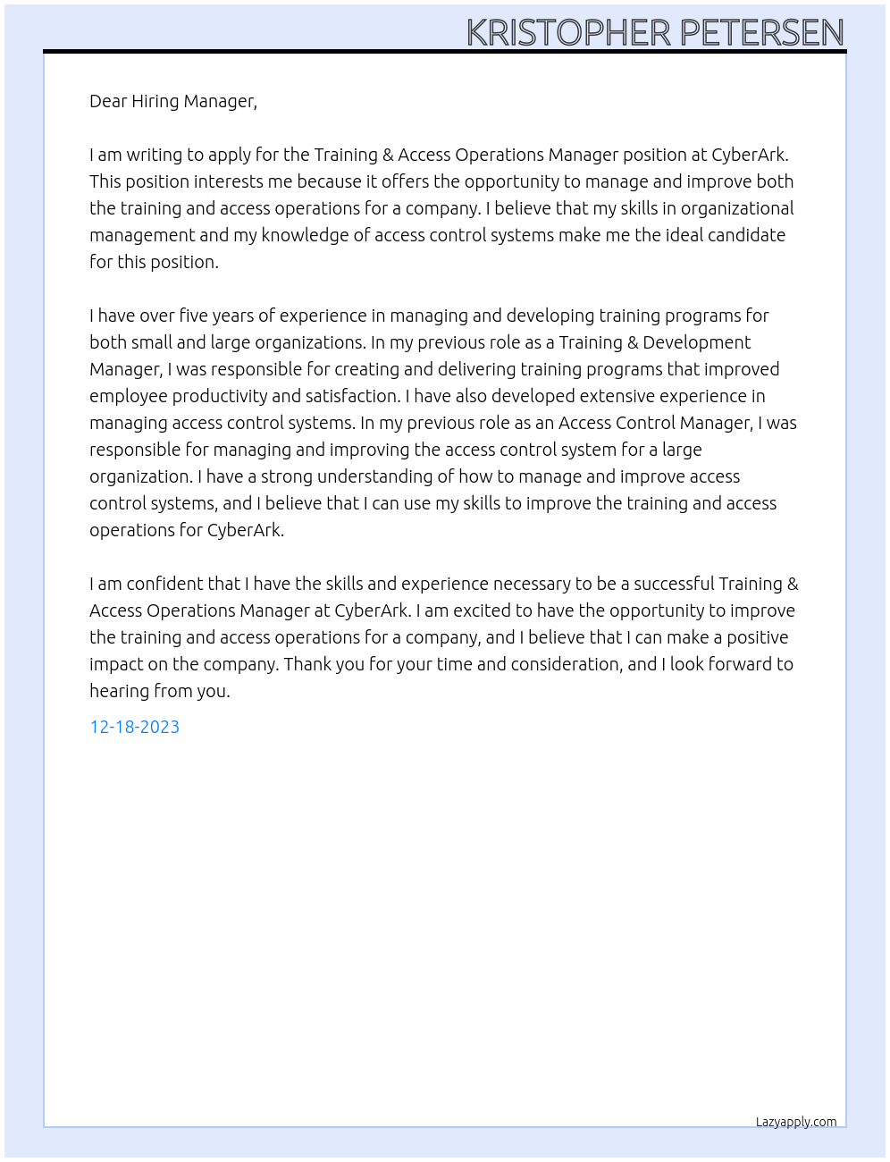 Training & Access Operations Manager At CyberArk Cover Letter