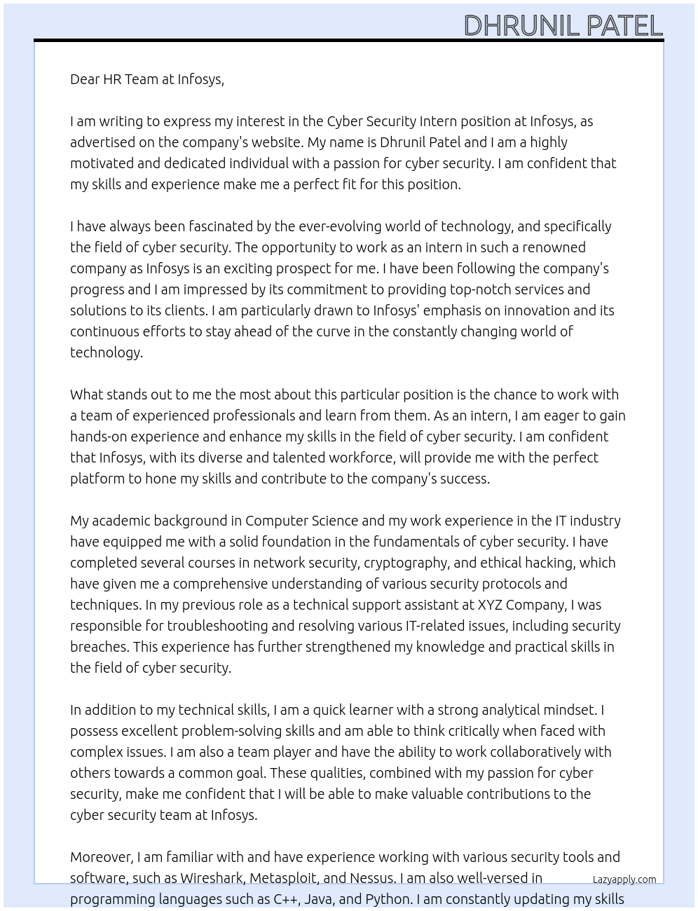 cyber security intern At INFOSYS Cover Letter