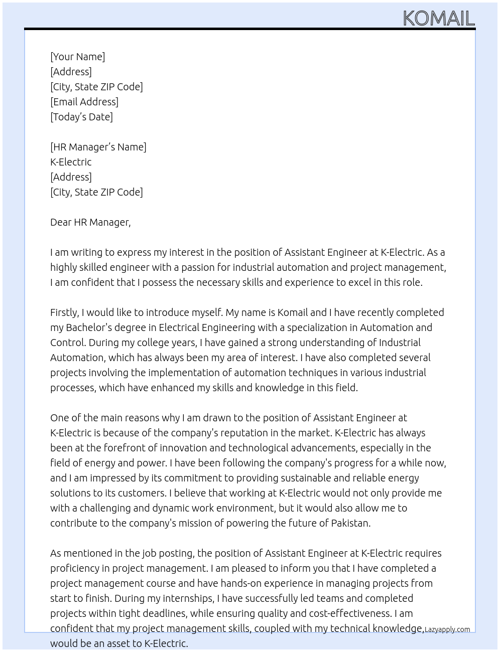 Assistant Engineer At K-Electric Cover Letter