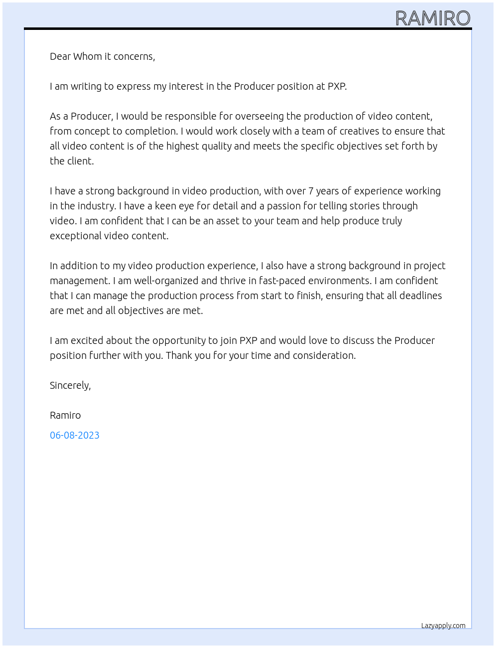 Producer At PXP Cover Letter
