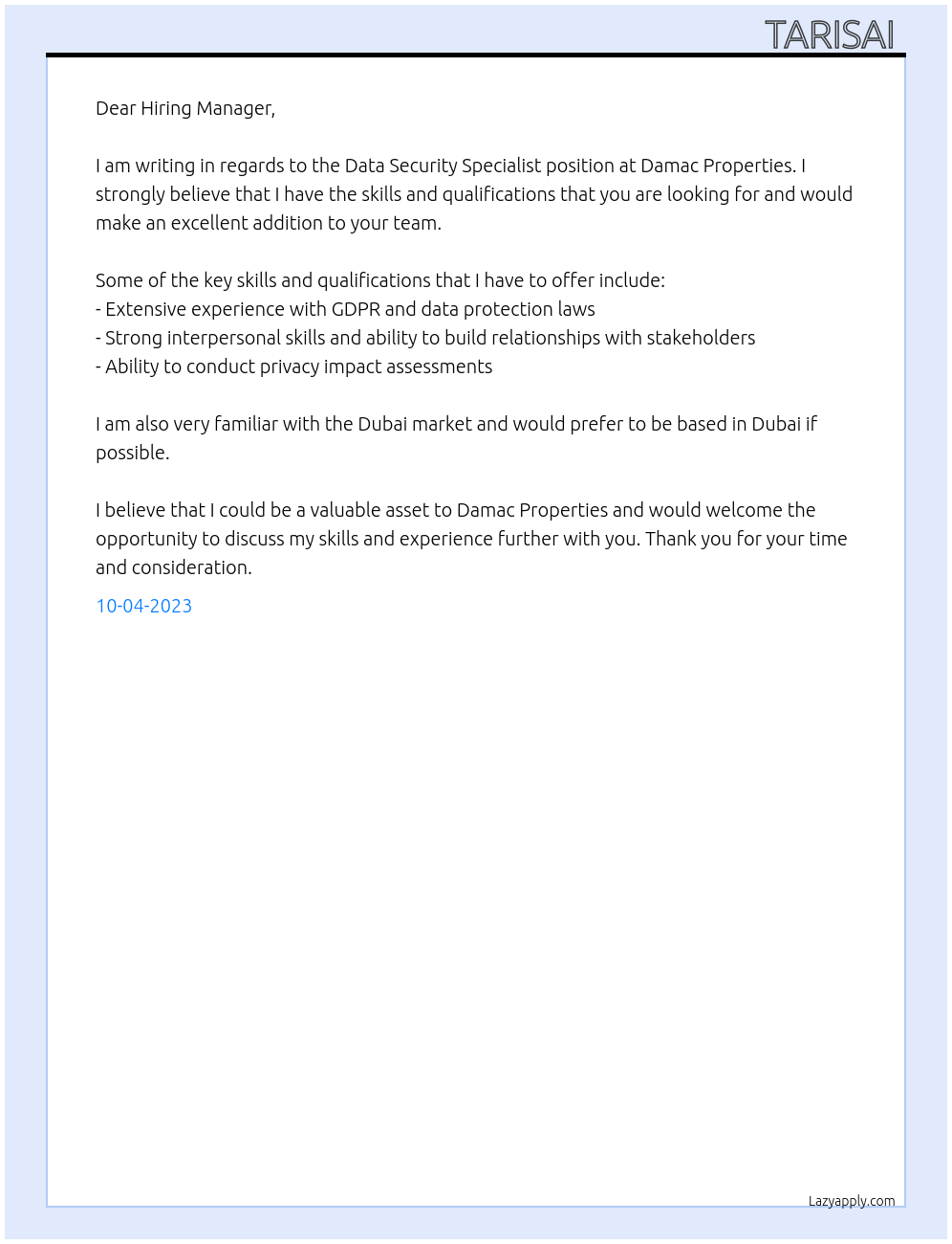 Data Security Specialist At Damac Properties  Cover Letter
