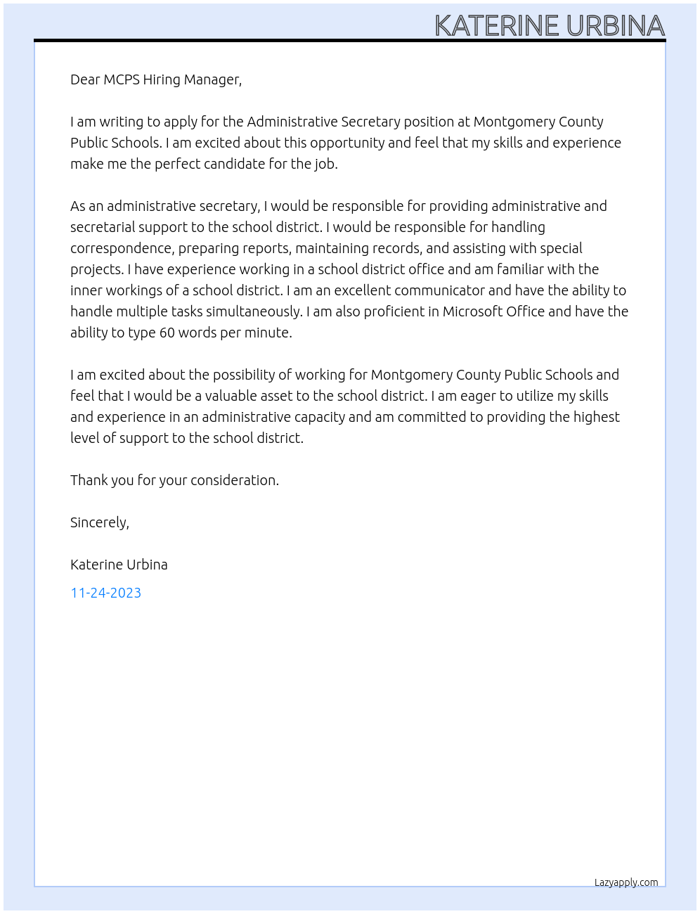 Administrative Secretary At Montgomery County Public Schools Cover Letter
