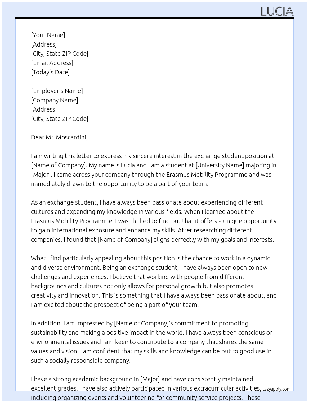 Cover letter for exchange student - LazyApply