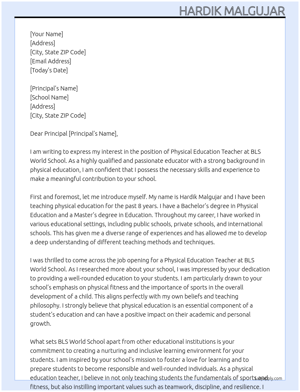 physical Education teacher At BLS world school Cover Letter