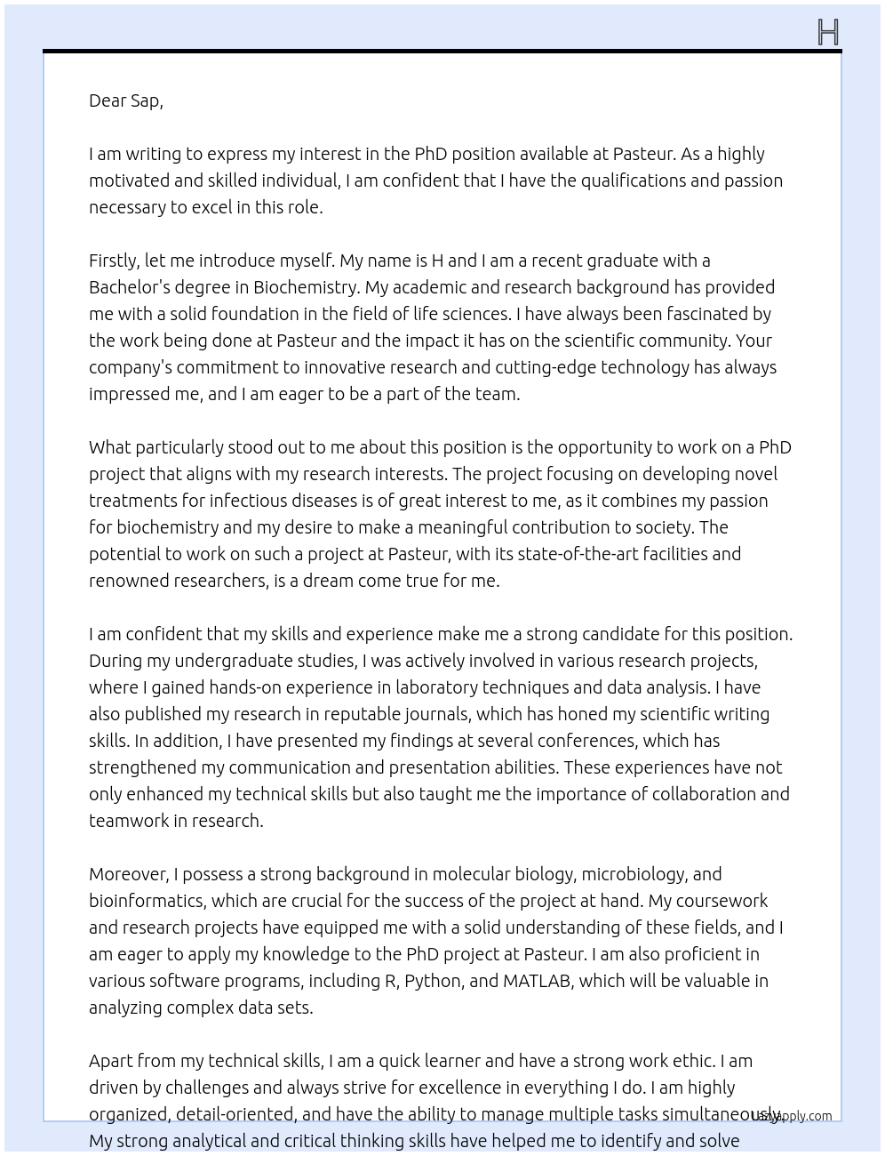 phd At pasteur Cover Letter