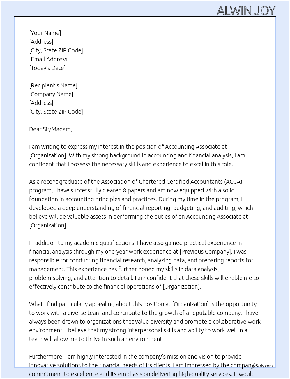 Accounting associate At Organization Cover Letter