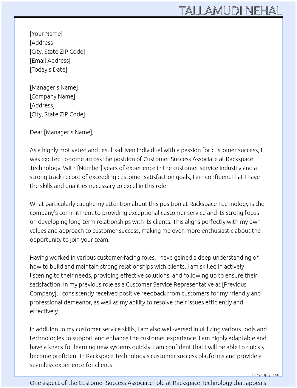 Customer success associate At Rackspace technology  Cover Letter