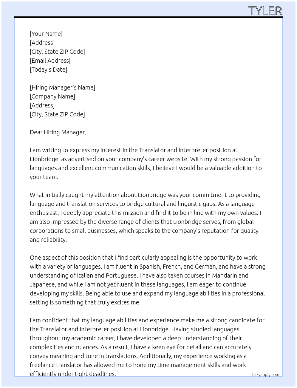 Translator and Interpreter  At Lionbridge Cover Letter