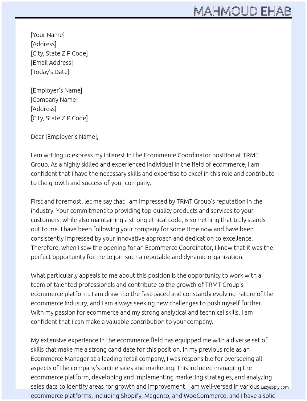 Ecommerce coordinator At TRMT Group Cover Letter