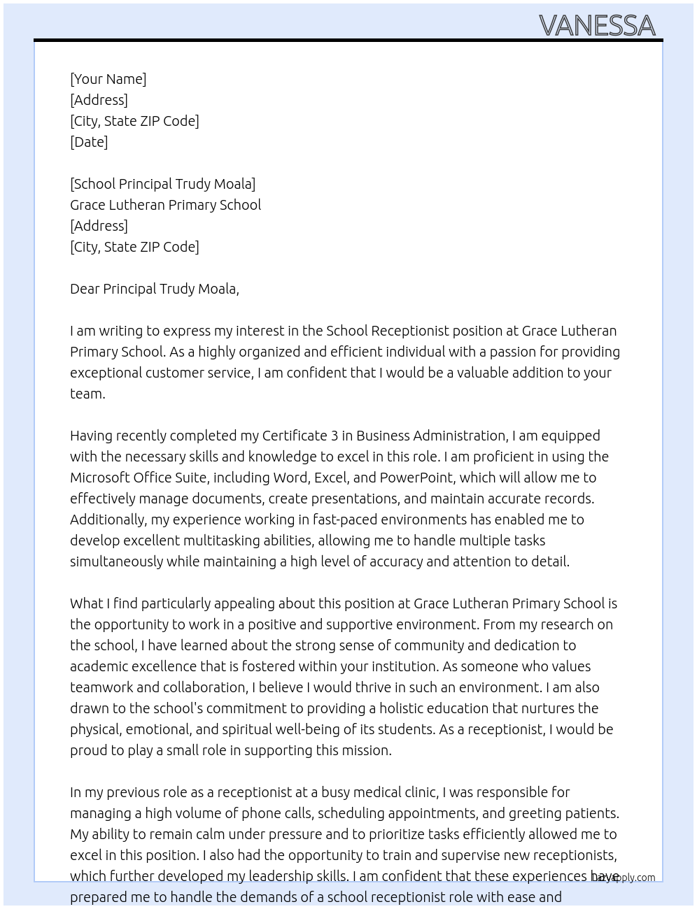 School receptionist At Grace Lutheran primary school Cover Letter