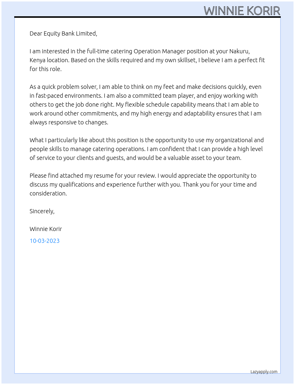 CATERING  At EQUITY BANK LIMITED Cover Letter