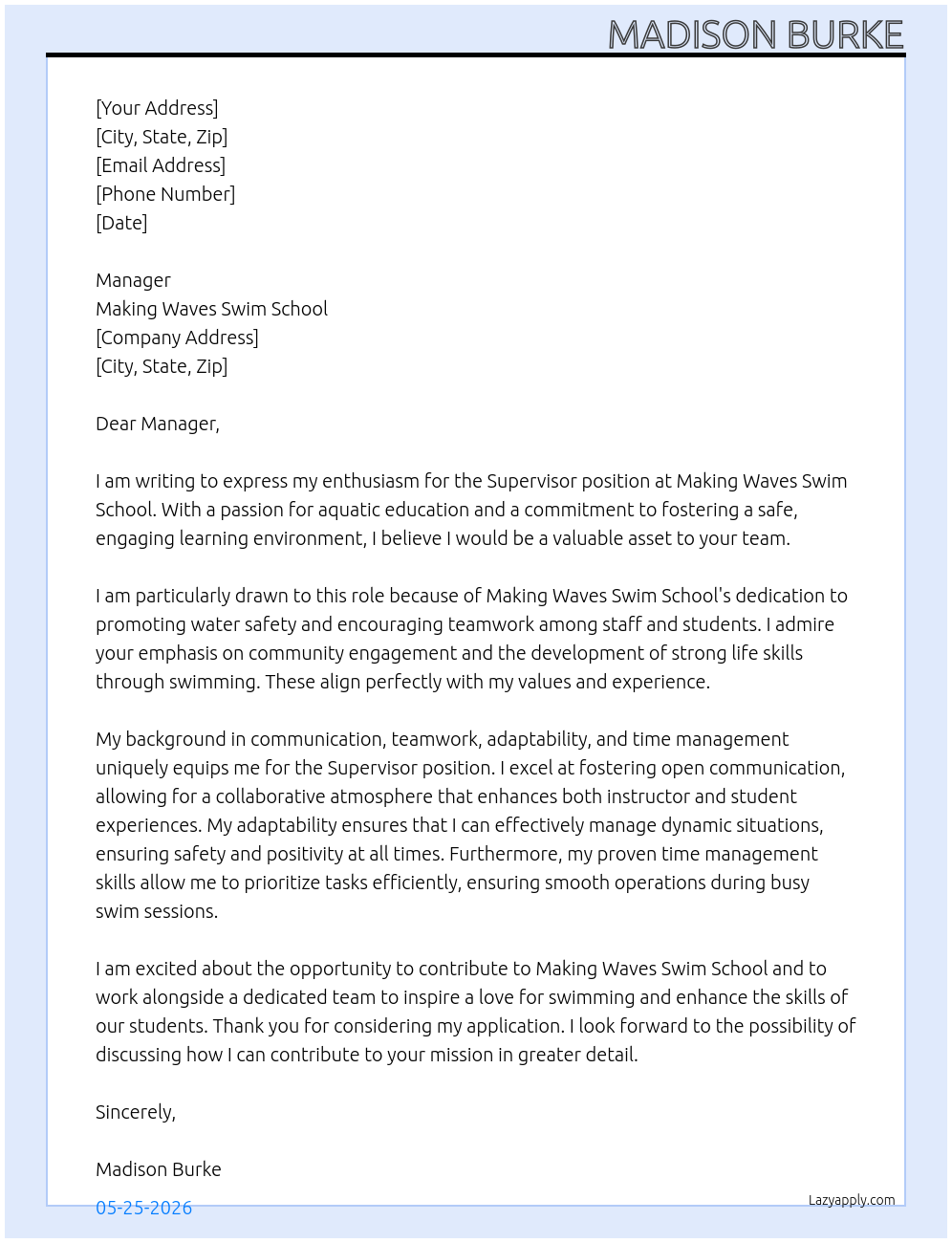 Supervisor At Making Waves Swim School Cover Letter