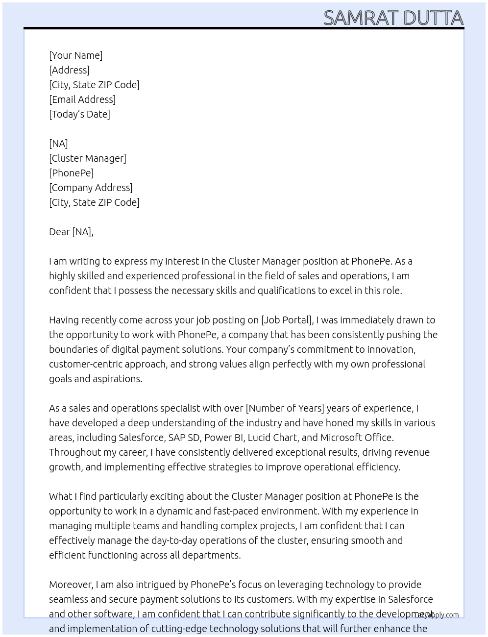 Cluster Manager At PhonePe Cover Letter