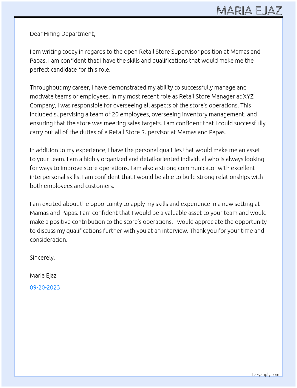 Retail store supervisor  At Mamas and papas Cover Letter