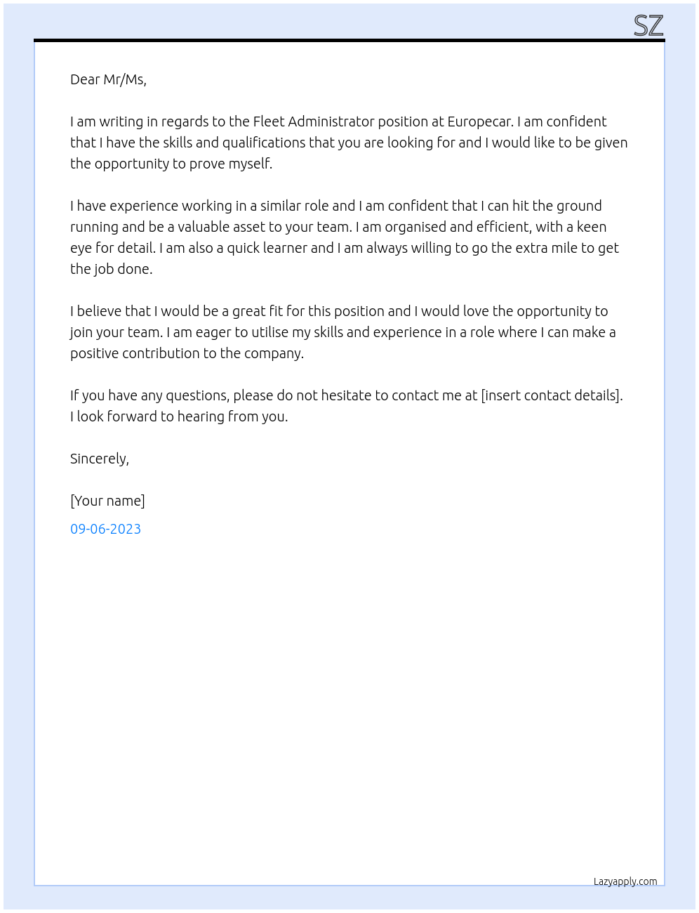 Fleet administrator At Europecar Cover Letter