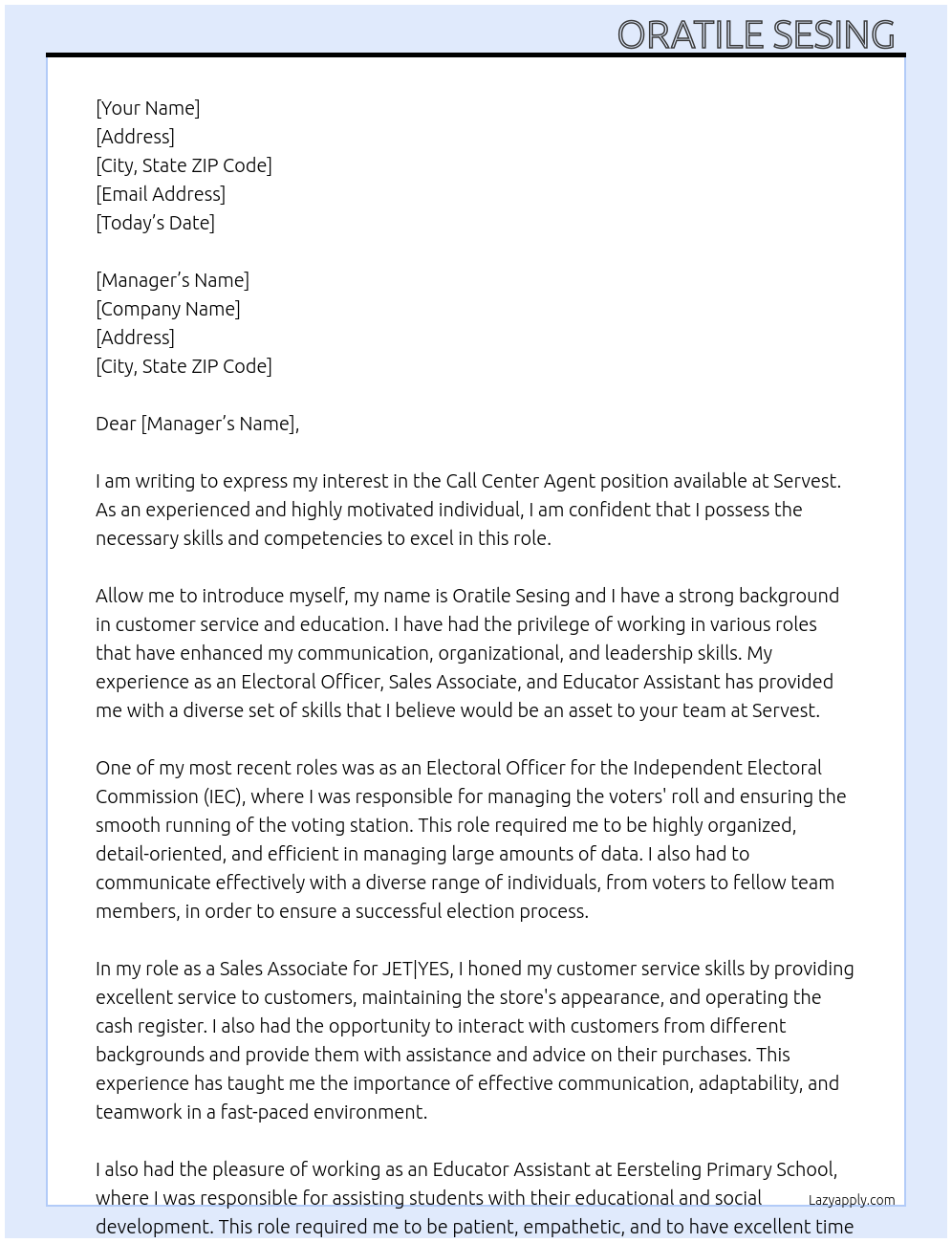 Call Center Agent At Servest Cover Letter