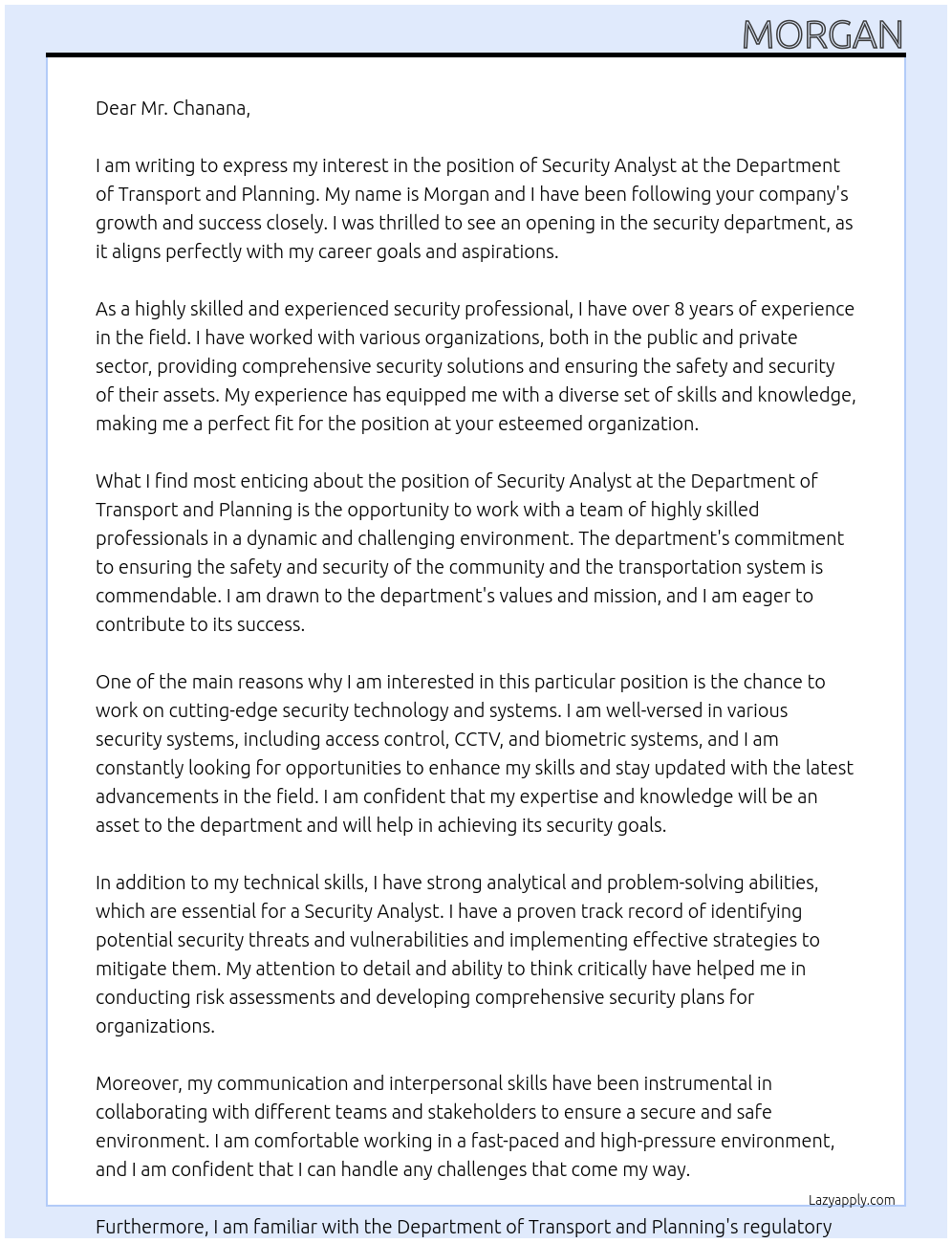 security analyst At department of transport and planning Cover Letter