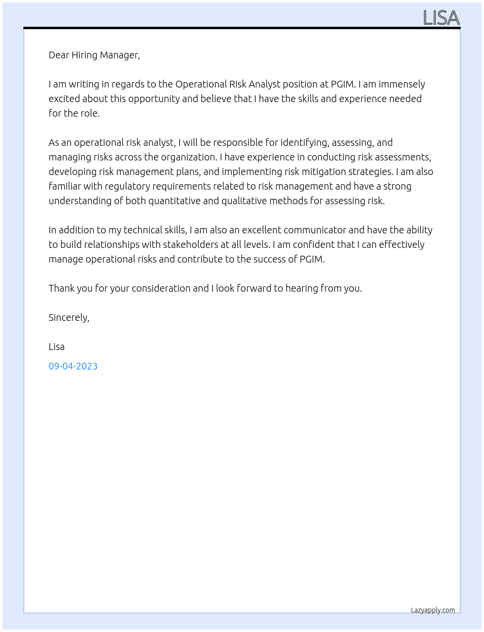 Operational Risk Analyst At PGIM Cover Letter