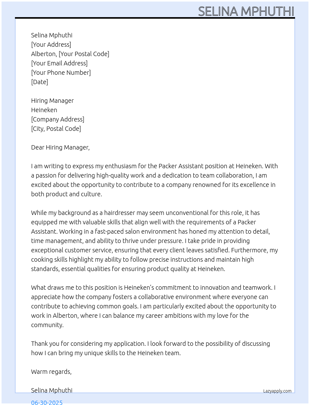 Packer assistant At Heineken Cover Letter