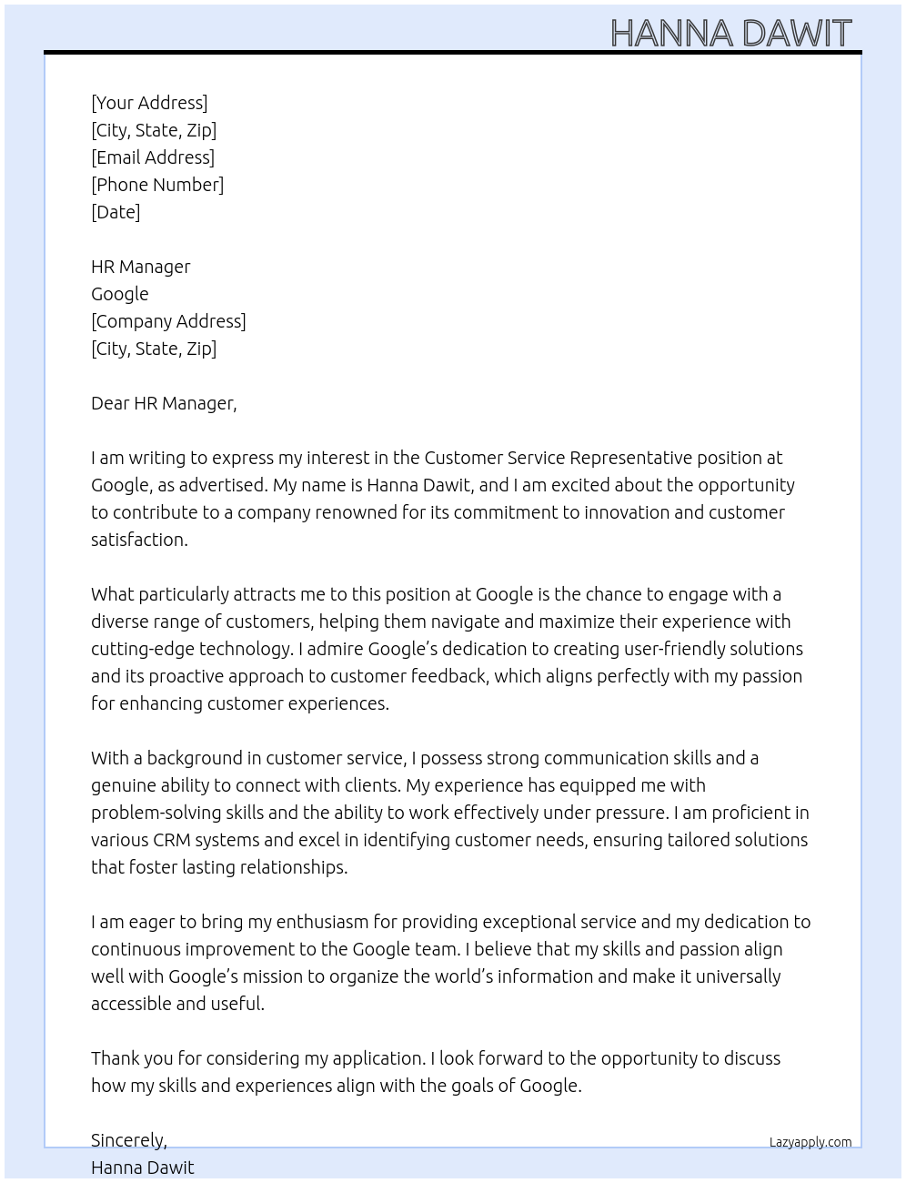Customer service representative At Google Cover Letter