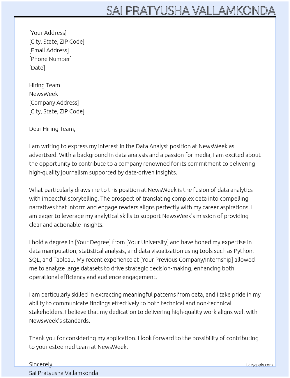 Data Analyst At NewsWeek Cover Letter