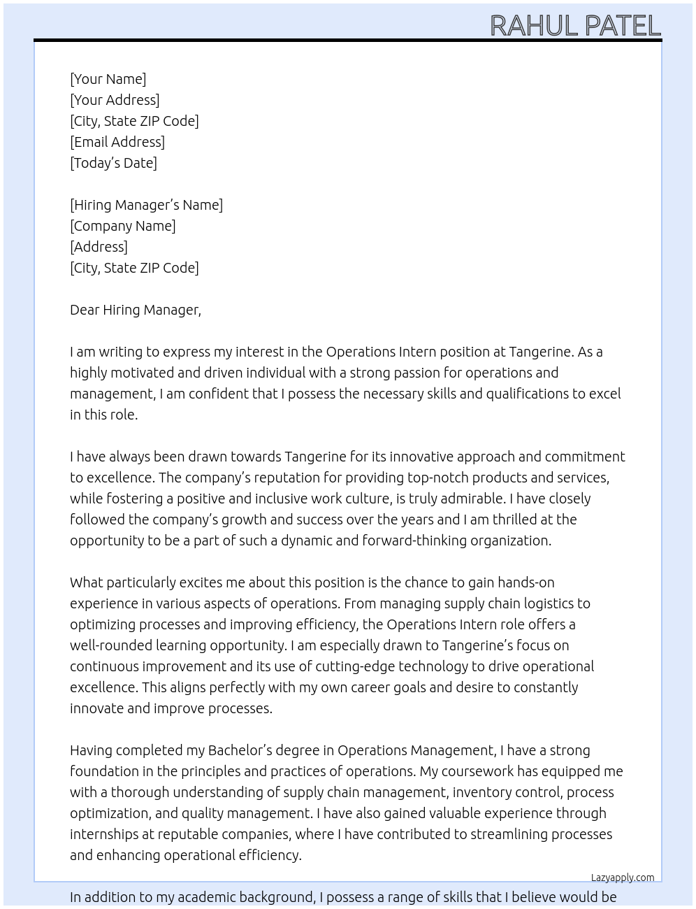 Operations Intern At Tangerine Cover Letter