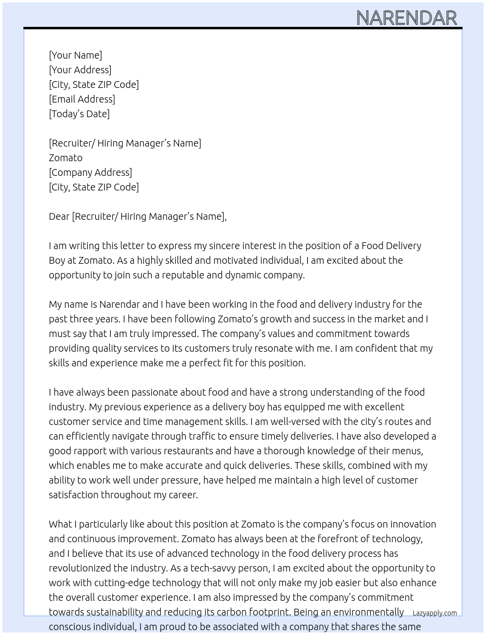 Cover letter for food delivery - LazyApply