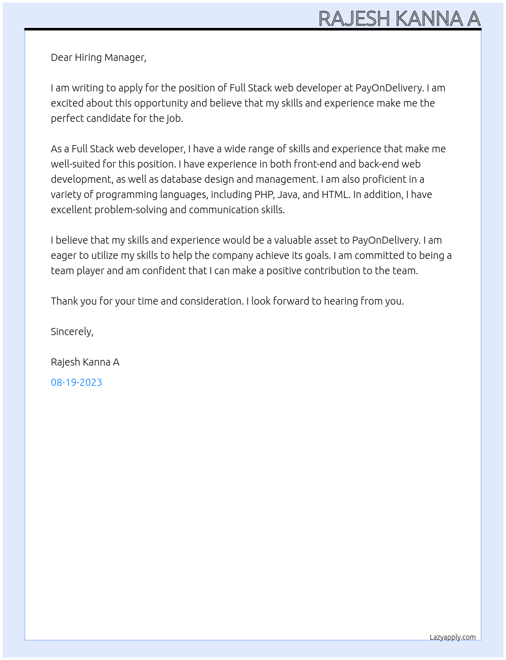 Full Stack web developer At PayOnDelivery Cover Letter
