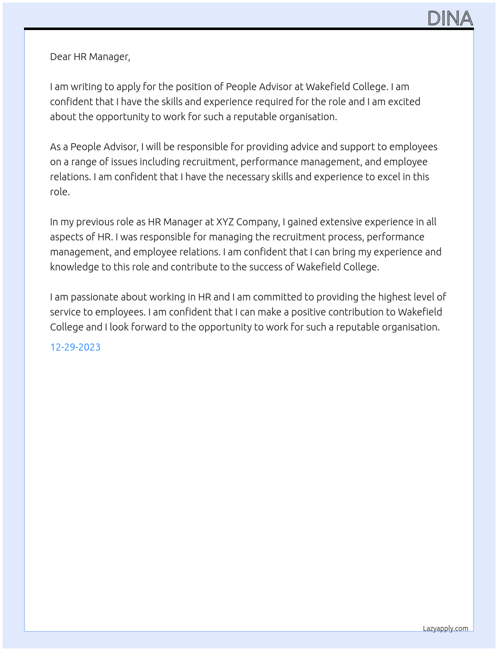 People Advisor At Wakefield College Cover Letter