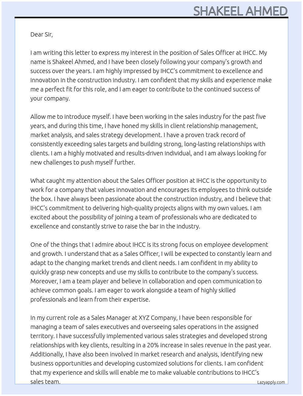 Sales officer At IHCC Cover Letter