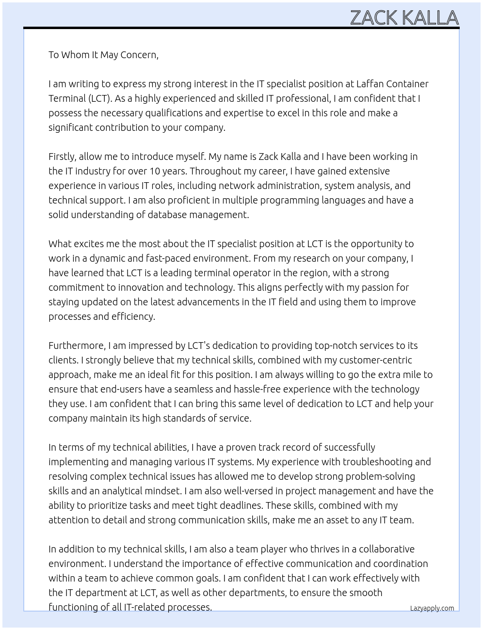 IT specialist At Laffan Container Terminal (LCT). Cover Letter