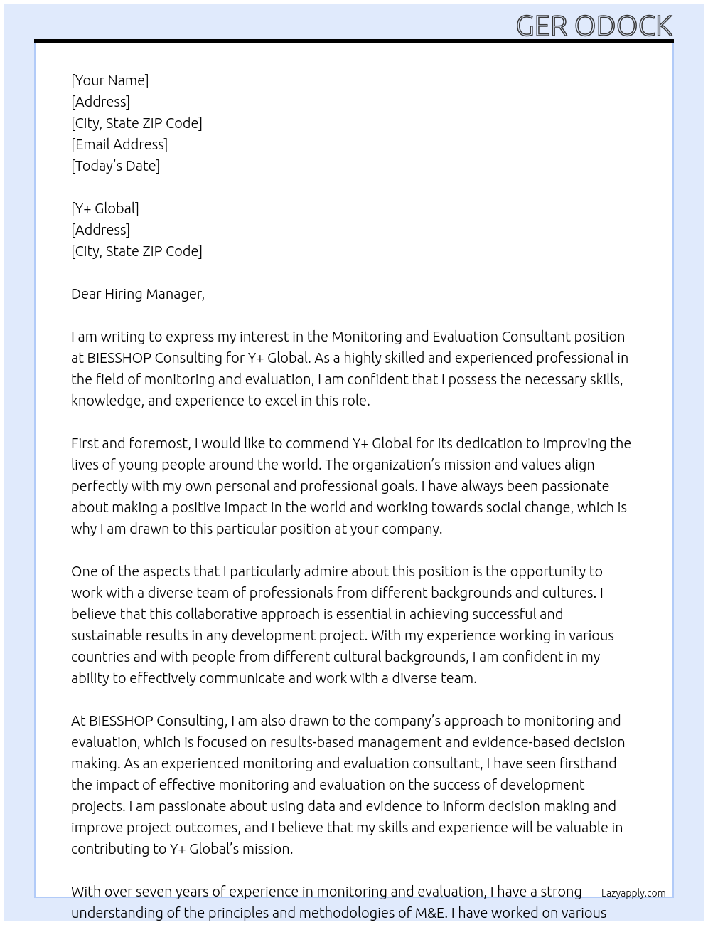 Cover letter for monitoring and evaluation consultant - LazyApply