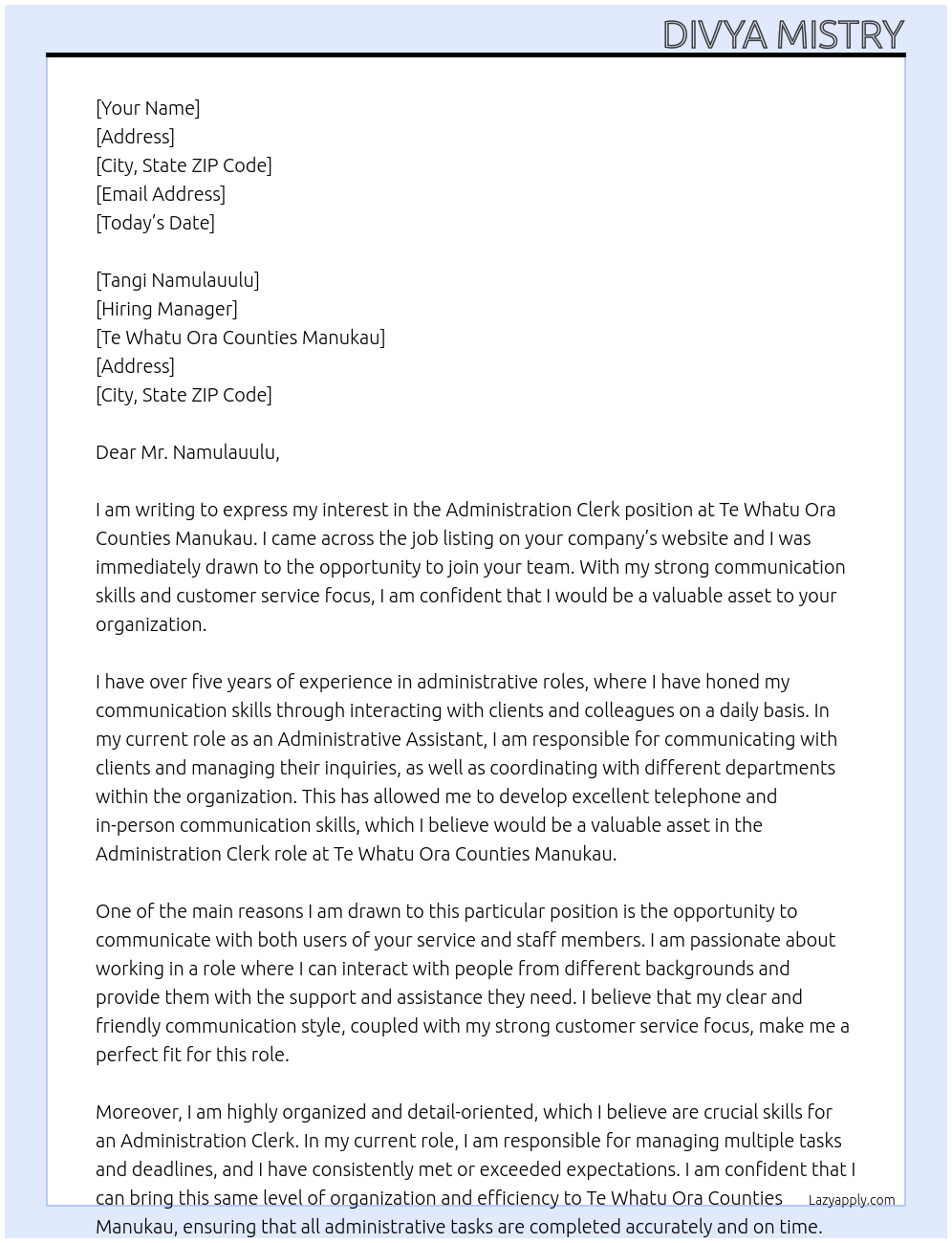 Administration Clerk At Te Whatu Ora Counties Manukau Cover Letter