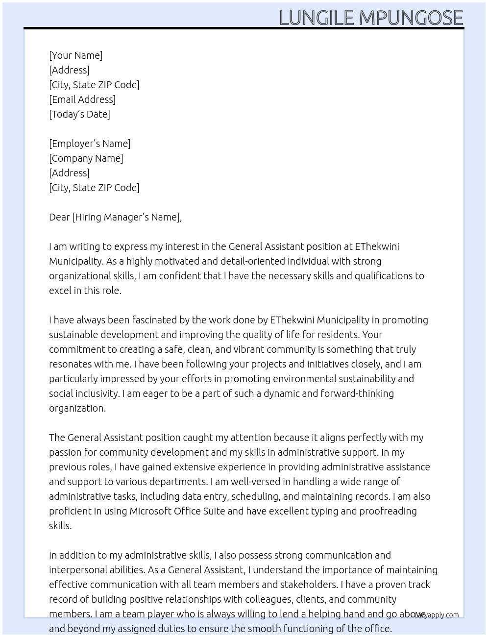 General Assistant At EThekwini Municipality  Cover Letter