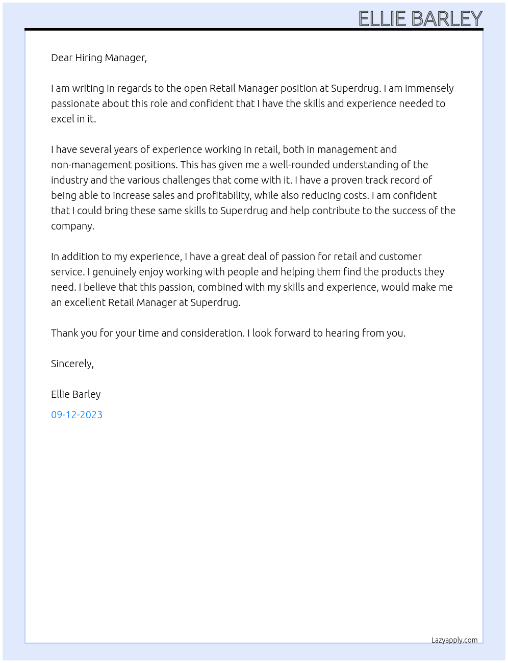 Retail manager At Superdrug Cover Letter